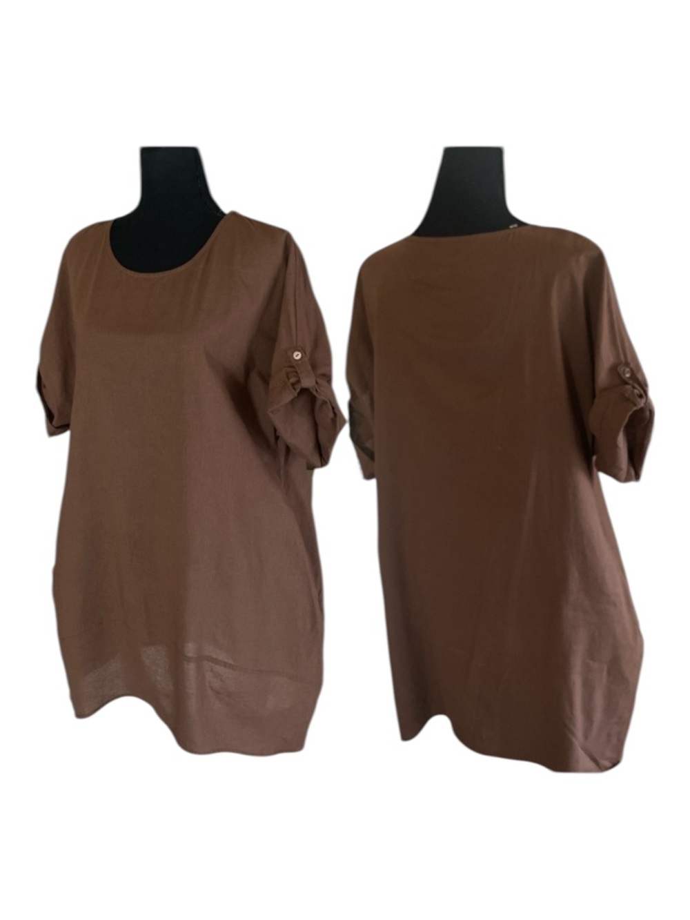 Casual Cotton Flax Loose Fit Dress, Swim Coverup, with Pockets Brown Size Medium